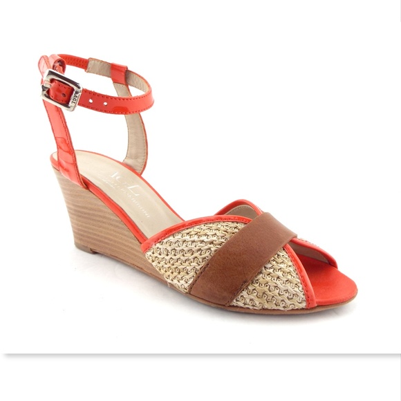 AGL Orange Patent Leather Raffia Wedge Sandals 38 - Picture 3 of 8